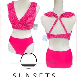 2 Piece Swimsuit Sunsets Willa Wireless Top 34DD Size Medium Solid Bottoms